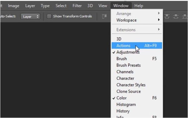 فعال کردن پنجره اکشن در فتوشاپ